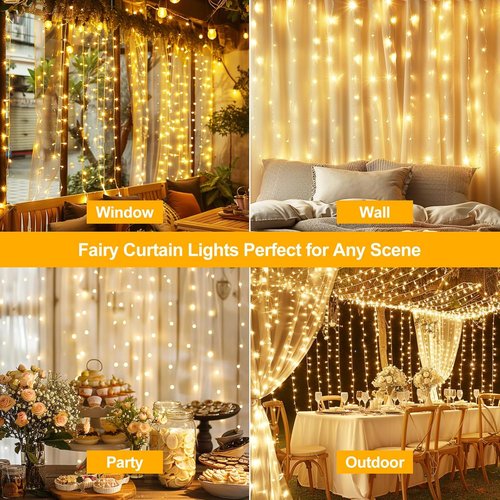 200 LED Fairy Curtain Lights - 6.6 x 6.6 FT Warm White USB Plug with Remote | 8 Modes for Christmas & Events