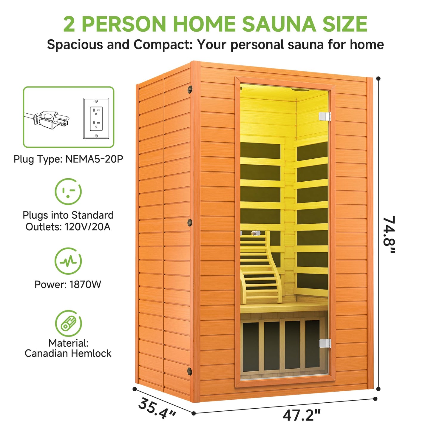Real Relax Infrared Sauna, 2 Person Low EMF FAR Infrared Saunas for Home, Indoor Personal Canadian Hemlock Wood Sauna with 9 Chromo Therapy Lights, Bluetooth Speakers for Home & Gym Spa