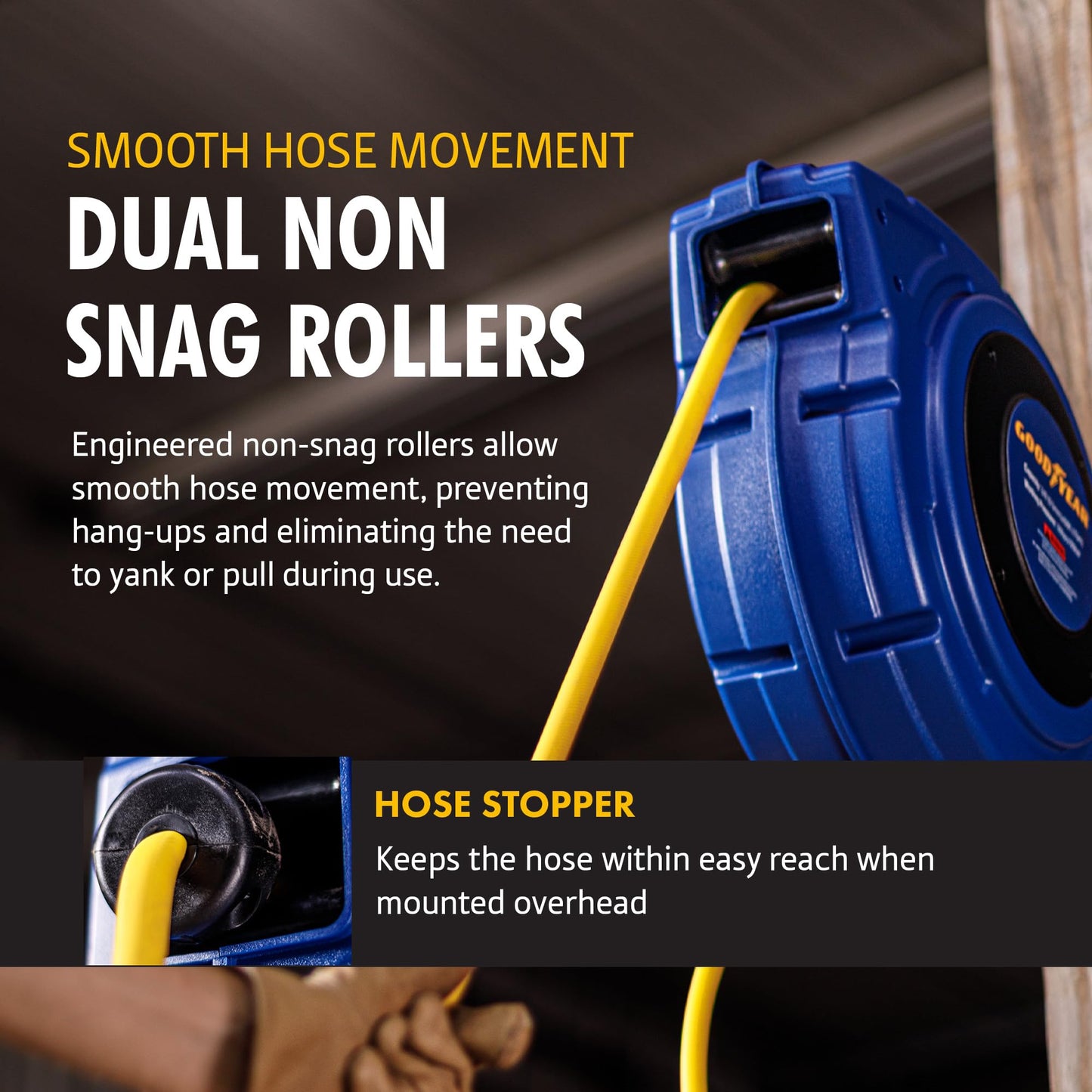 Goodyear Air Hose Reel Retractable 3/8" Inch x 50' Foot Hybrid Polymer Hose Max 300PSI Commerical Polypropylene Construction