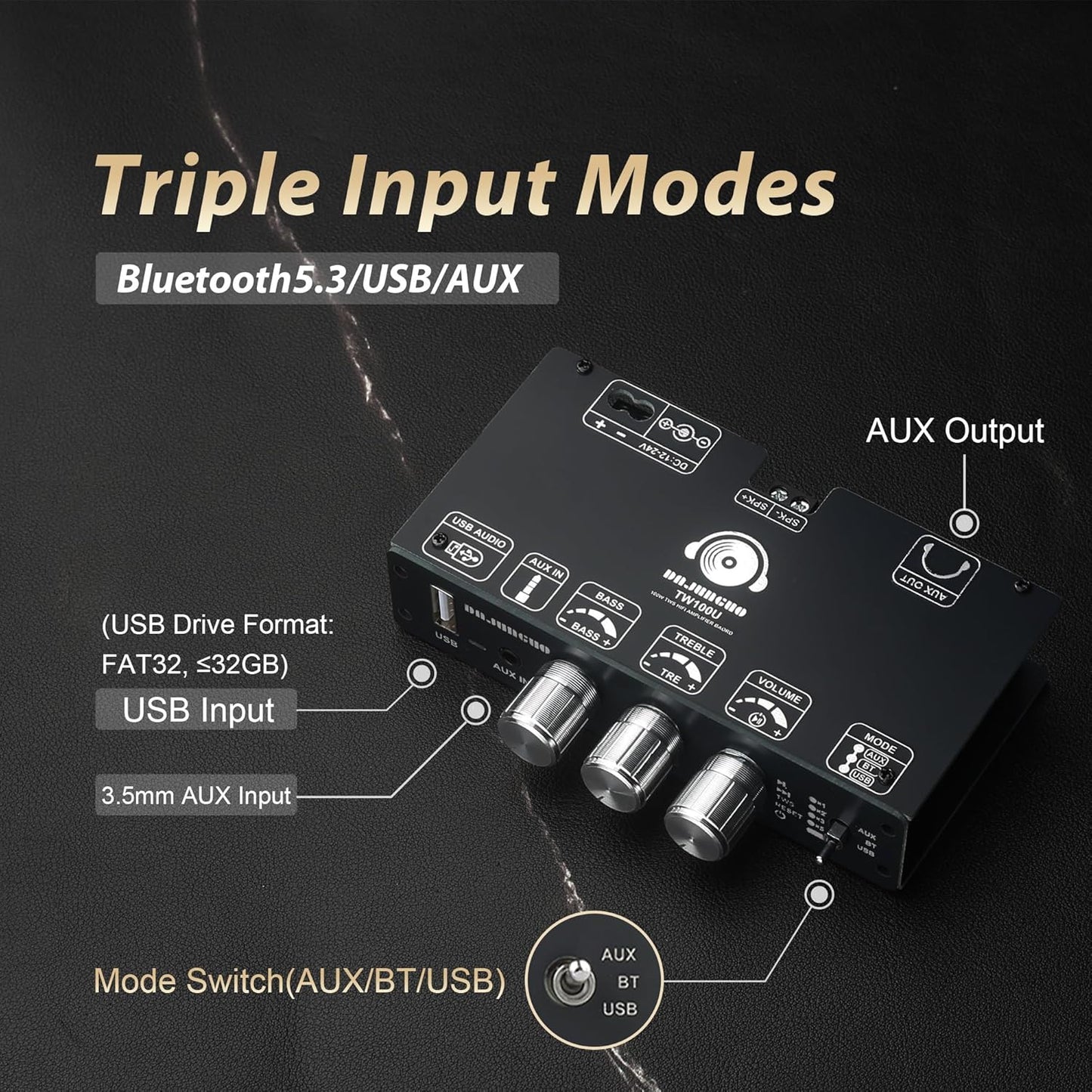 TW100U 100W 5.3 TPA3116D2 (19V/24V), 12-24V Mono Bluetooth Amplifier Board, Digital Power Amp Module with Built