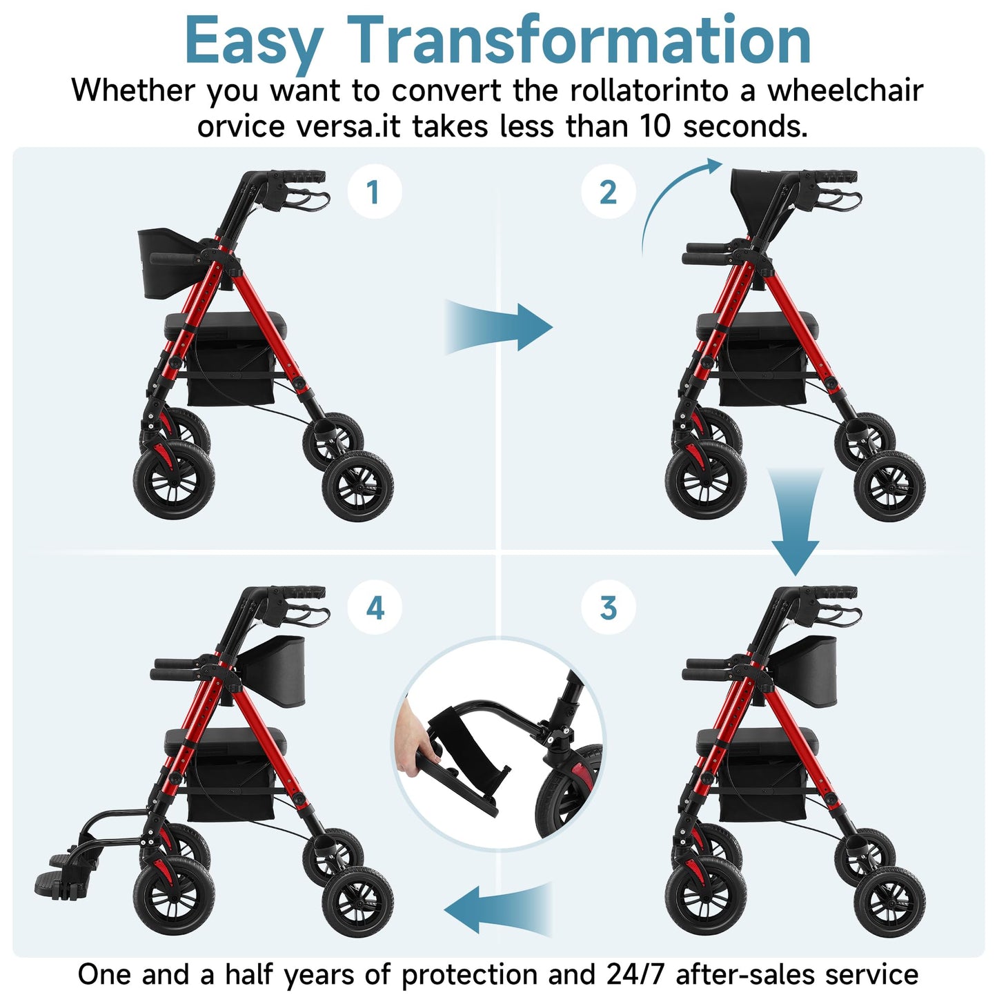 StrollAid Walkers for Seniors, 2 in 1 Rollator Wheelchairs Combo 10" Big Wheels Walker with Seat, Rollator Transport Chair with Brakes Folding Rolling Walker for Adults, Red