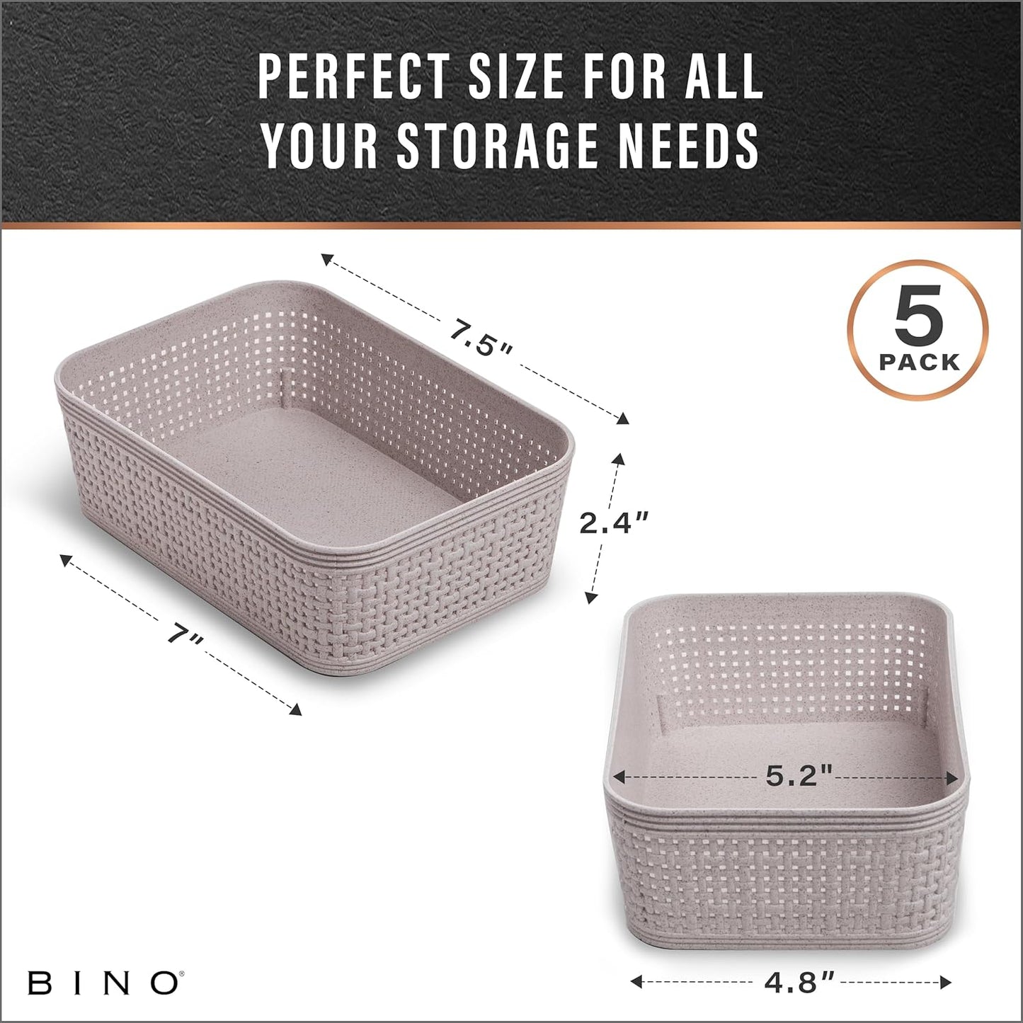 BINO Woven Plastic Basket - Stylish Natural Grey XS, 5-Pack | Space-Saving Home Organization