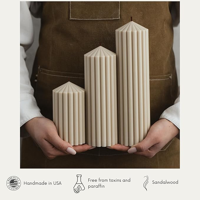 LAWA Ribbed Peak Pillar Candle - Large Beautiful Handmade Pillar Scented Soy Wax Candle Elegant Bubble Aesthetic Candle Housewarming Gift Home Room Shelf Decor Idea White (Set of 3, Moon Gray)