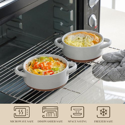MALACASA Mini Cocotte Set - 12 OZ Ceramic Ramekins with Lids & Handles | Set of 4, Khaki Grey, Oven Safe