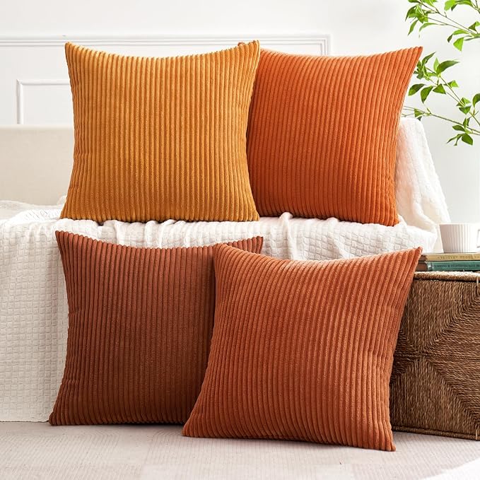 MIULEE Boho Farmhouse Throw Pillow Covers 18x18 Inch Set of 4 Mordern Nordic Cushion Covers Soft Corduroy Home Decor for Couch Bed Sofa Living Room Orange Rust