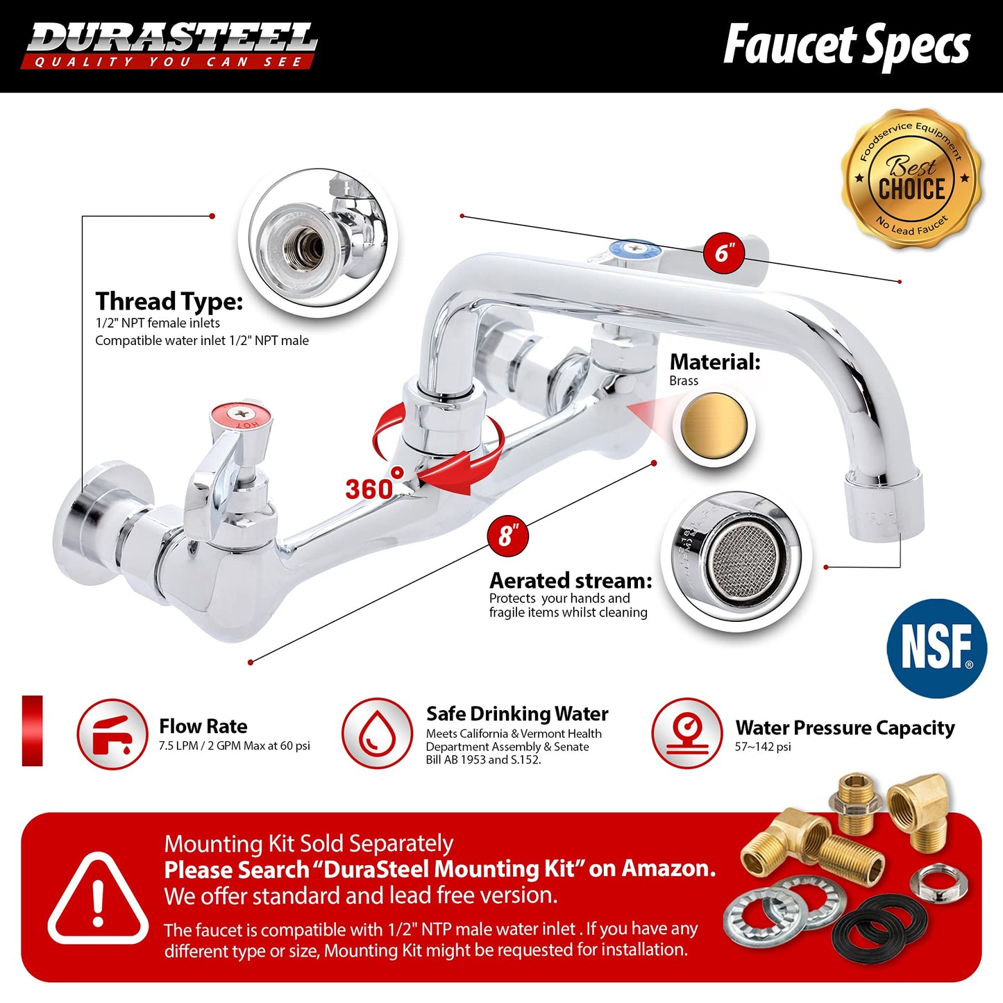DuraSteel 304 Commercial Stainless Steel Utility Sink - 15 Inch Tub Freestanding Prep Kitchen Sink w/ Faucet - NSF Hand Wash Station for Kitchen Sinks, Outdoor, Laundry Room, Garage Small Kitchenette