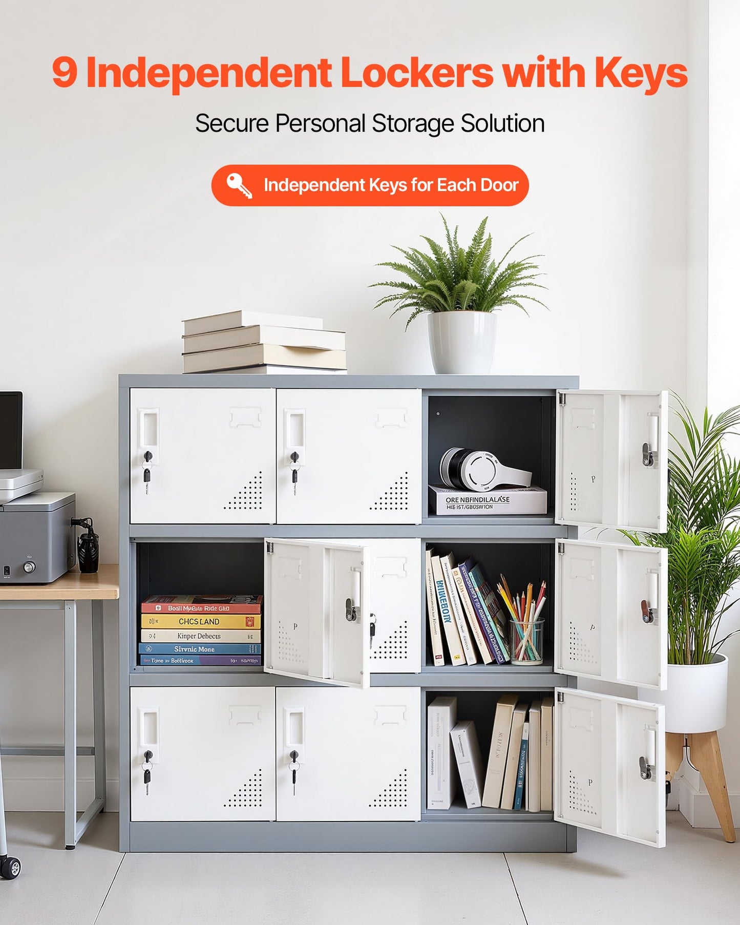 VEVOR 9 Doors Metal Locker for Employees, Steel Locking Storage Cabinet with Card Slot and Ventilation, 2 Keys for Each Door, Employee Lockers for Office, School, Gym, Home, Easy Assembly, Gray