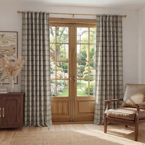 NICETOWN Buffalo Check Curtains - 84-Inch Length Gingham Plaid Drapes for Kitchen & Living Room | Taupe, 2 Panels