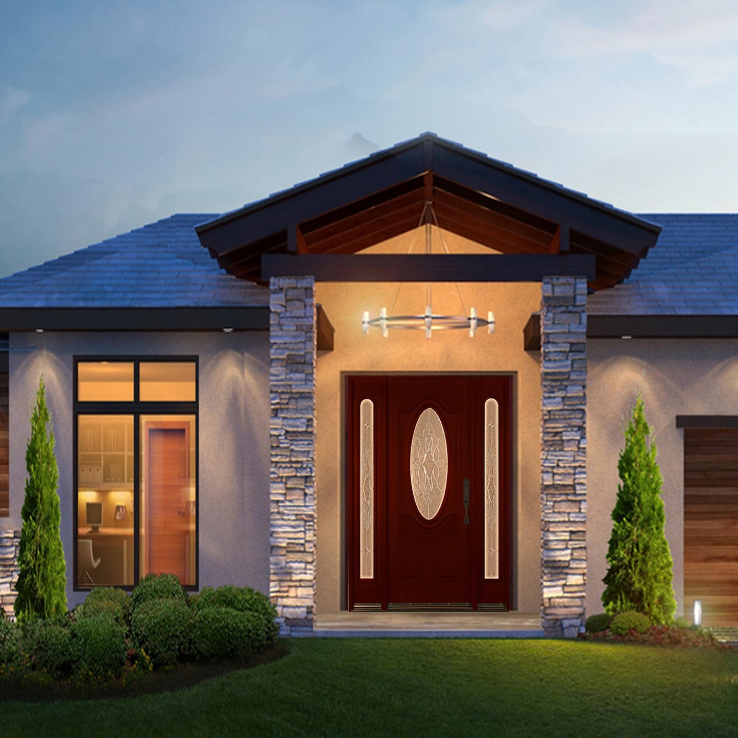 BGW Doors Mahogany Finish Fiberglass Single Front Entry Door with Oval Glass, Prehung Pre-Finished Exterior Door, Right Inswing, FD800D 12x36x12x80