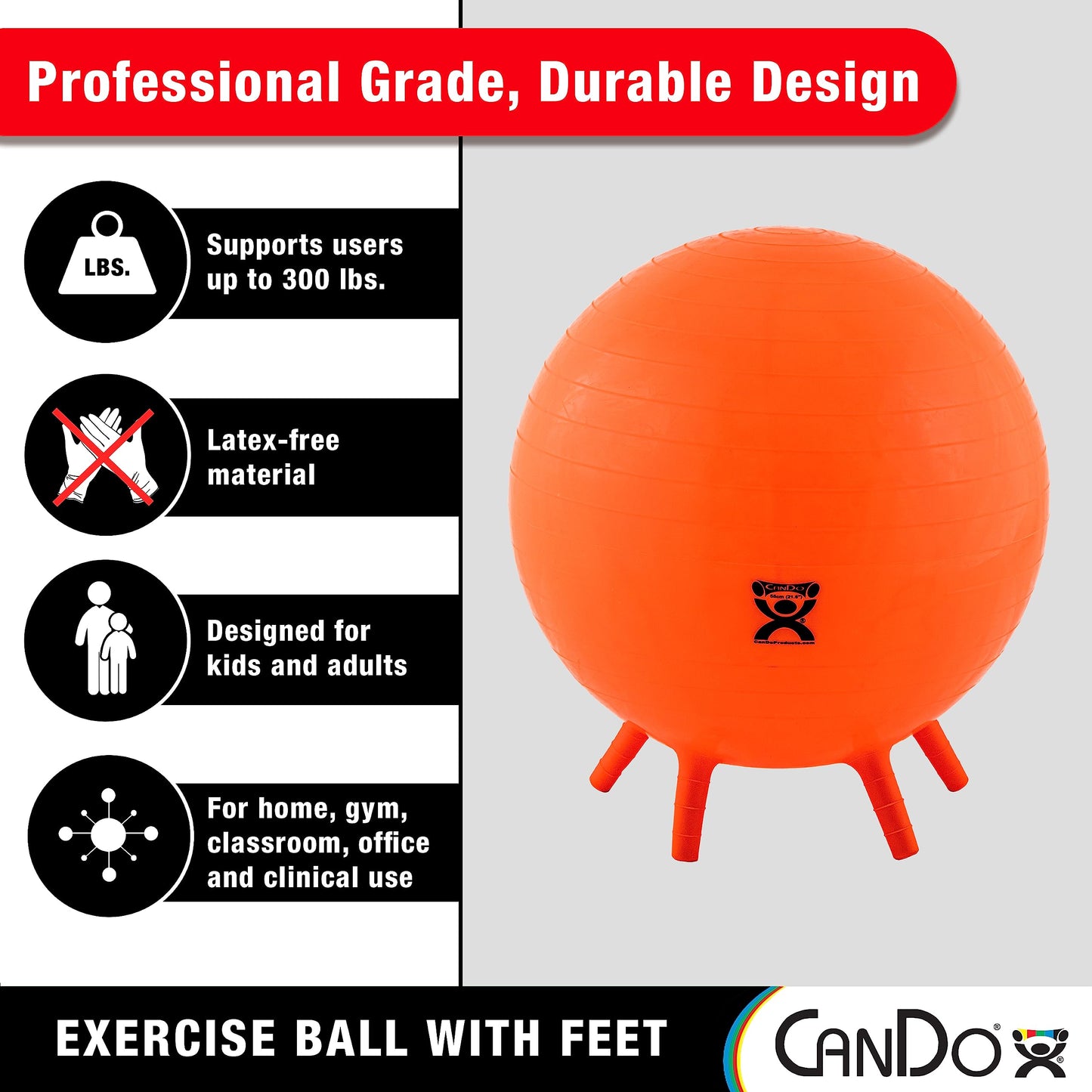 CanDo 30-1893 Non-Slip Inflatable Exercise Ball with Stability Feet for Exercise, Workout, Core Training, Stability, Yoga, Pilates, Balance Training Gym, Office, Home,Classroom. Green, 26”