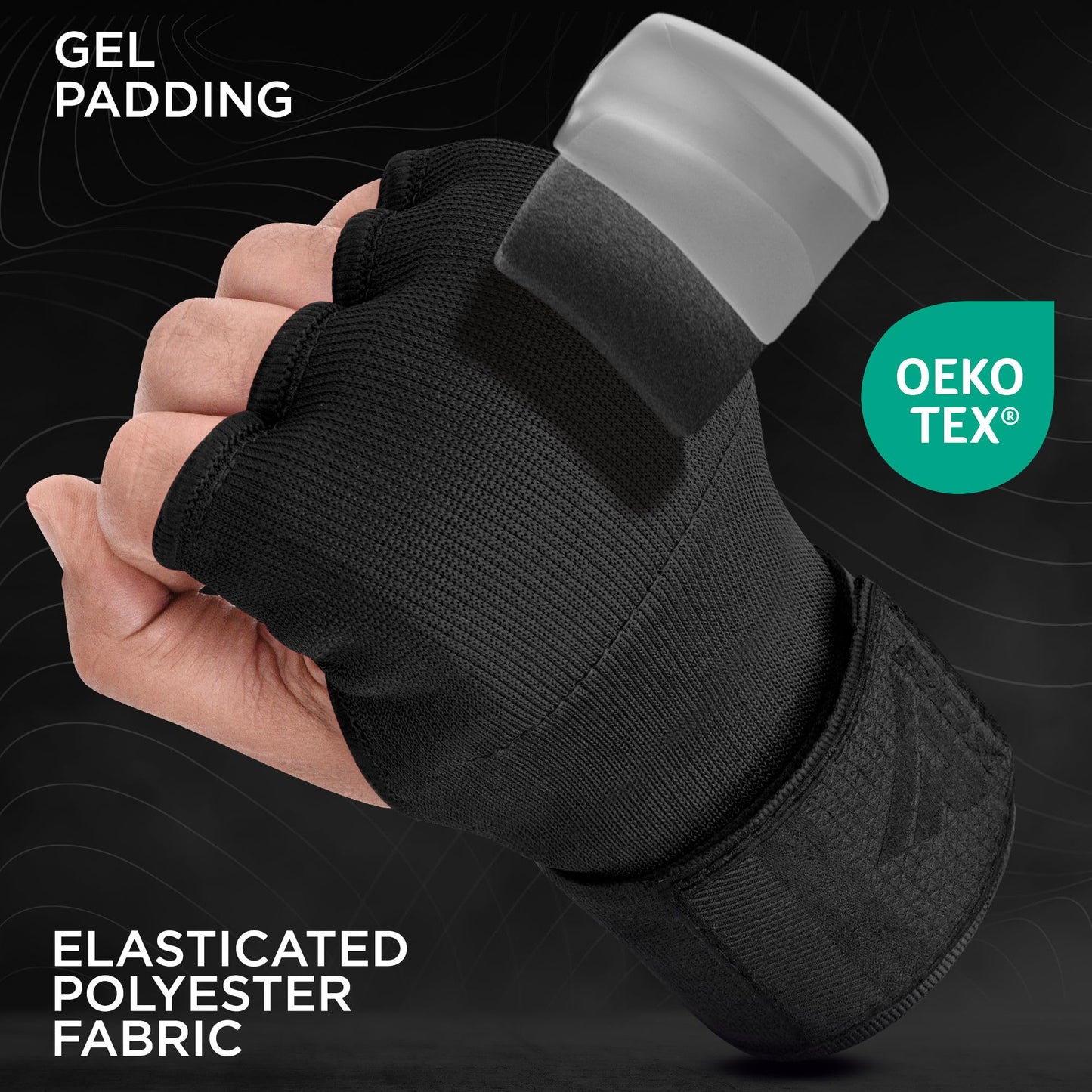 RDX Gel Boxing Hand Wraps Inner Gloves Men Women, Quick 100cm Long Wrist Straps, Elasticated Padded Fist Under Mitts Protection, Muay Thai MMA Kickboxing Martial Arts (Full Black, M)