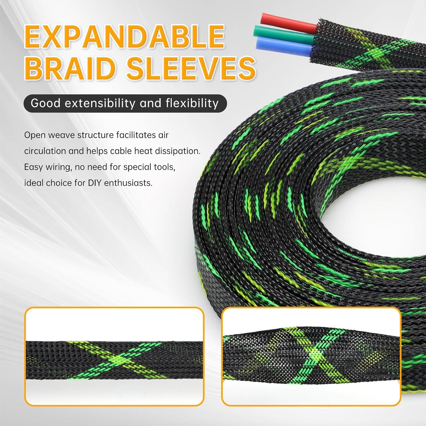 YOUBO 33ft 6mm (1/4")) Braided Cable Sleeve, Expandable Wire Loom for Automotive Wiring Harness & PC Case, Pet-Proof