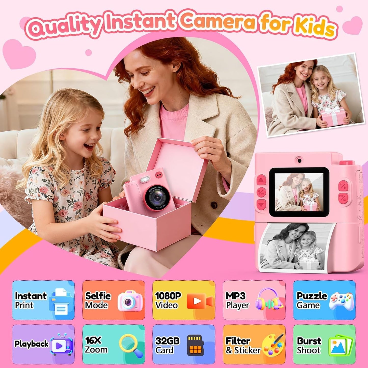 Yunaking 3-12 3 4 5 6 7 8 9 10 32G Gift for Girls Kids Camera: Instant Print Dual Lens Digital Camera Toys for Girl