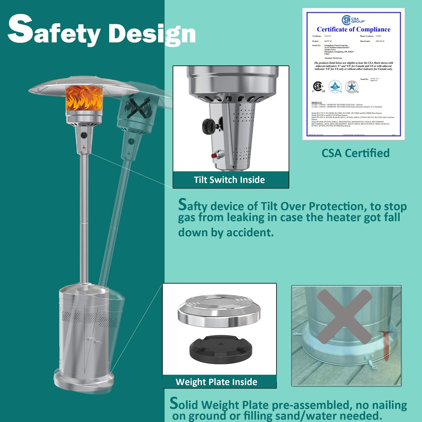 Gas Patio Heater with Wheels And Cover，48,000 BTU of Outdoor Portable LP Propane Commercial Heater ，automatically shuts off gas flow,with CSA Certified for Garden