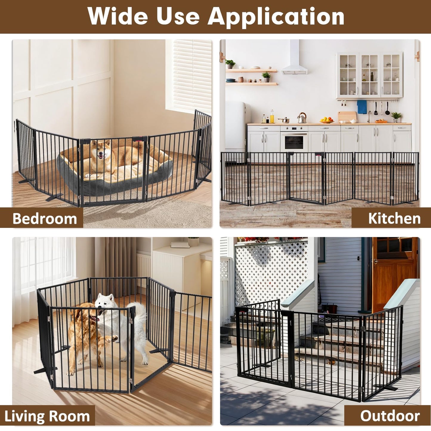 Furggis 156" Extra Wide Dog Gate, Heavy Duty Metal Freestanding Dog Gate with Door for Indoor & Outdoor, Foldable Pet Fence for Doorways,House,Porch,Deck,Yard,Stairs, Auto Close(6 Panels,Black)