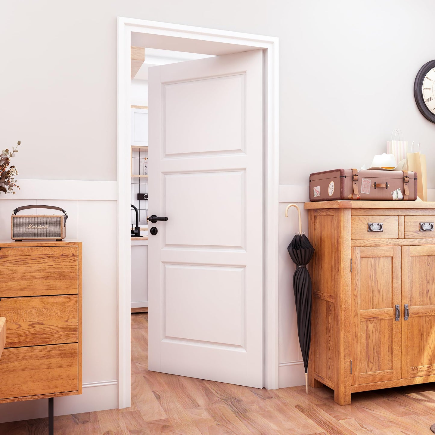 OHTOMO 30"x 80" Slab Door, 3-Panel Interior French Door Slab Shaker, Pre-Assembled Solid Core Wood Panel w/o Prehung Jamb, for Pantry Closet Laundry Bathroom Office, White Primed Surface