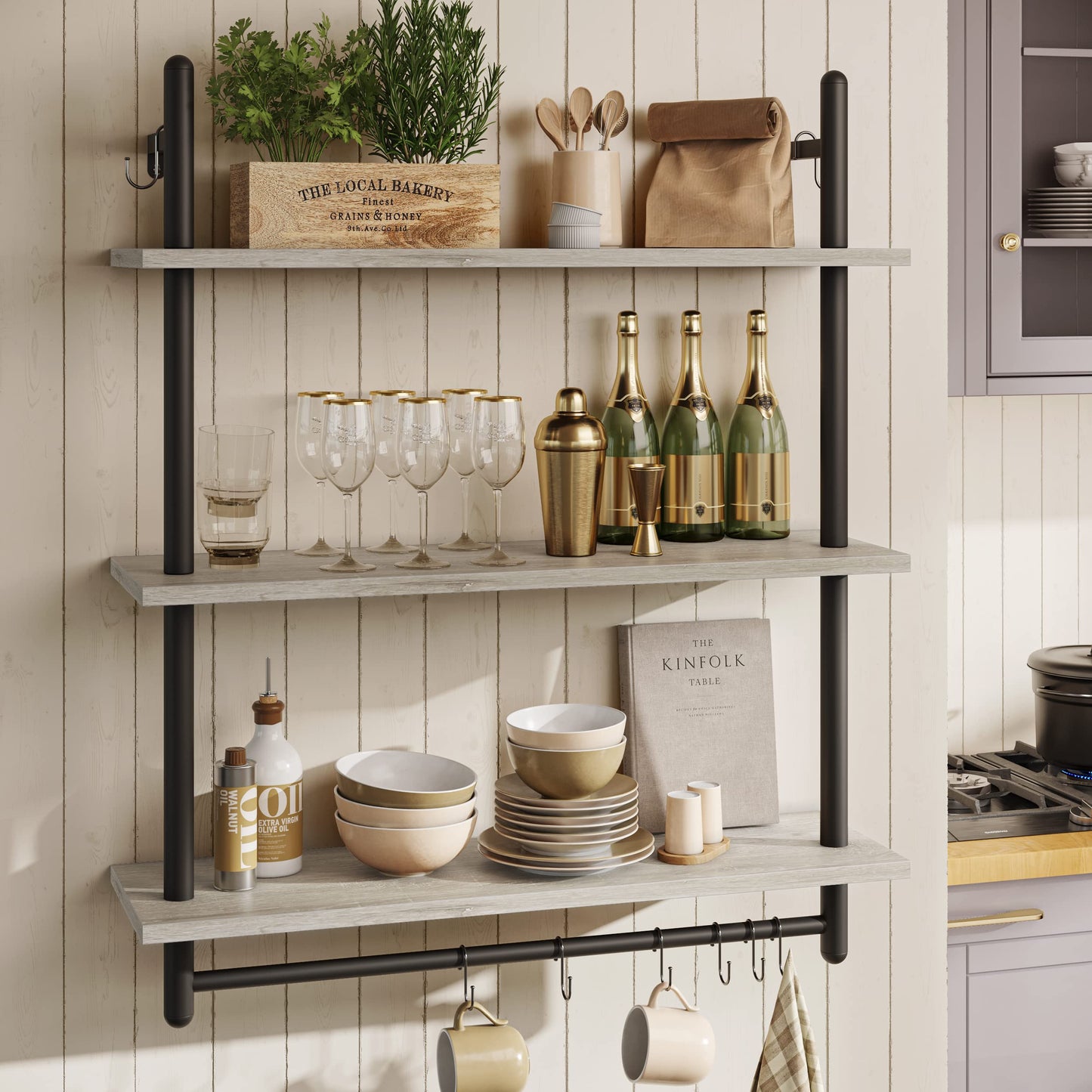 Bestier Floating Pipe Shelving Kitchen Shelves Wall Mounted 3 Tier Ladder Coffee Bar Shelf 3 Tier Bundle, Retro Grey