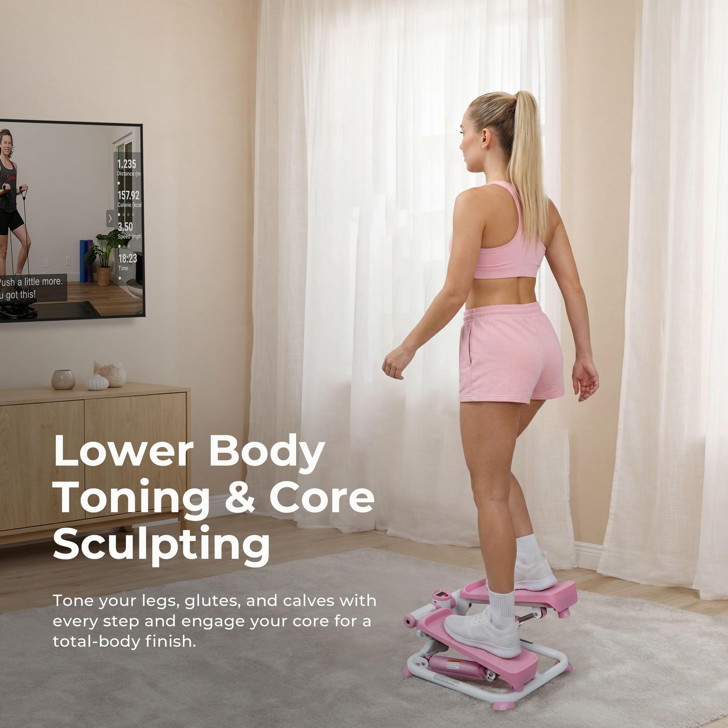 Sunny Health & Fitness Mini Stepper, Compact Home Workout Equipment for Legs & Glutes, Low-Impact Cardio Machine with Digital Monitor, Quiet Hydraulic Resistance, Pink