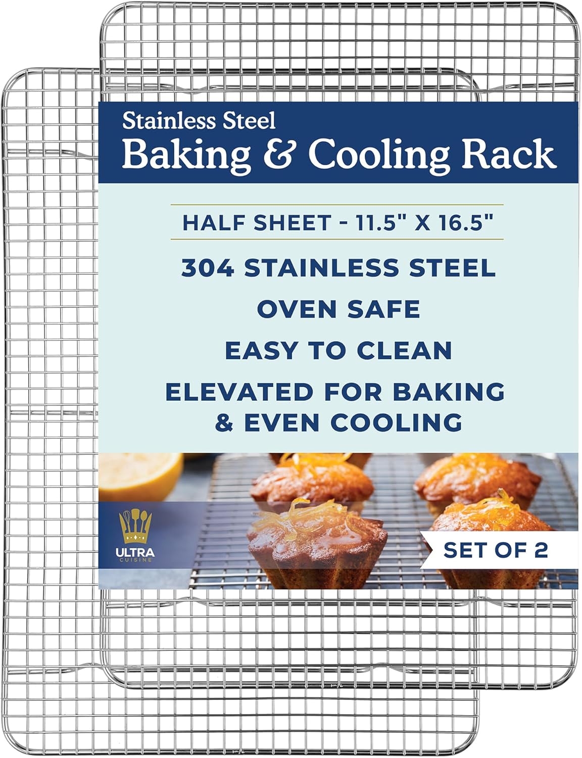 Ultra Cuisine Cooling Rack Set | Heavy-Duty 100% Stainless Steel | Oven & Dishwasher Safe | 11.5 x 16.5-Inch | Set of 2