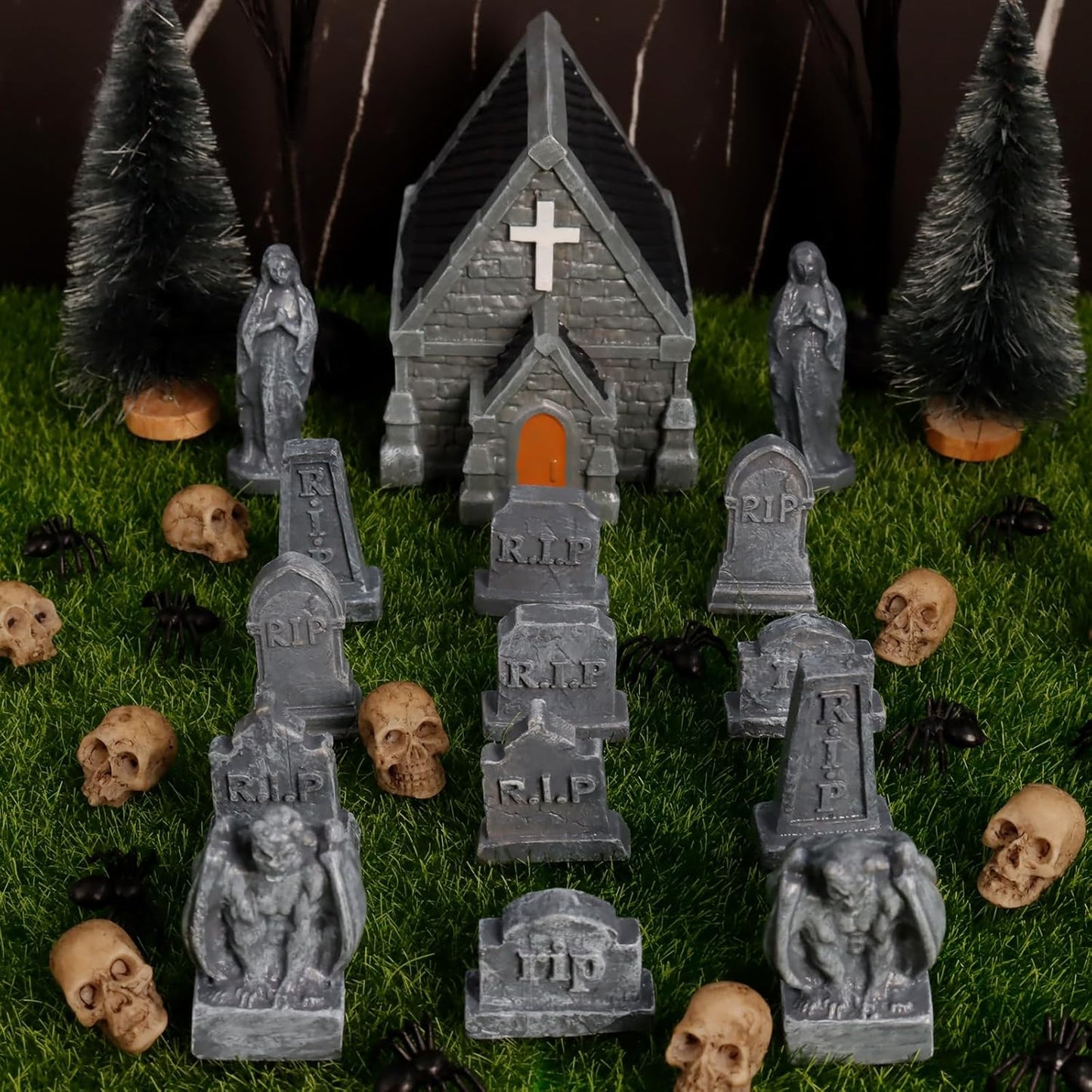 Rileryan Miniature Church Tombstones - 15 PCS Gargoyle & Virgin Figurines for Halloween Decor