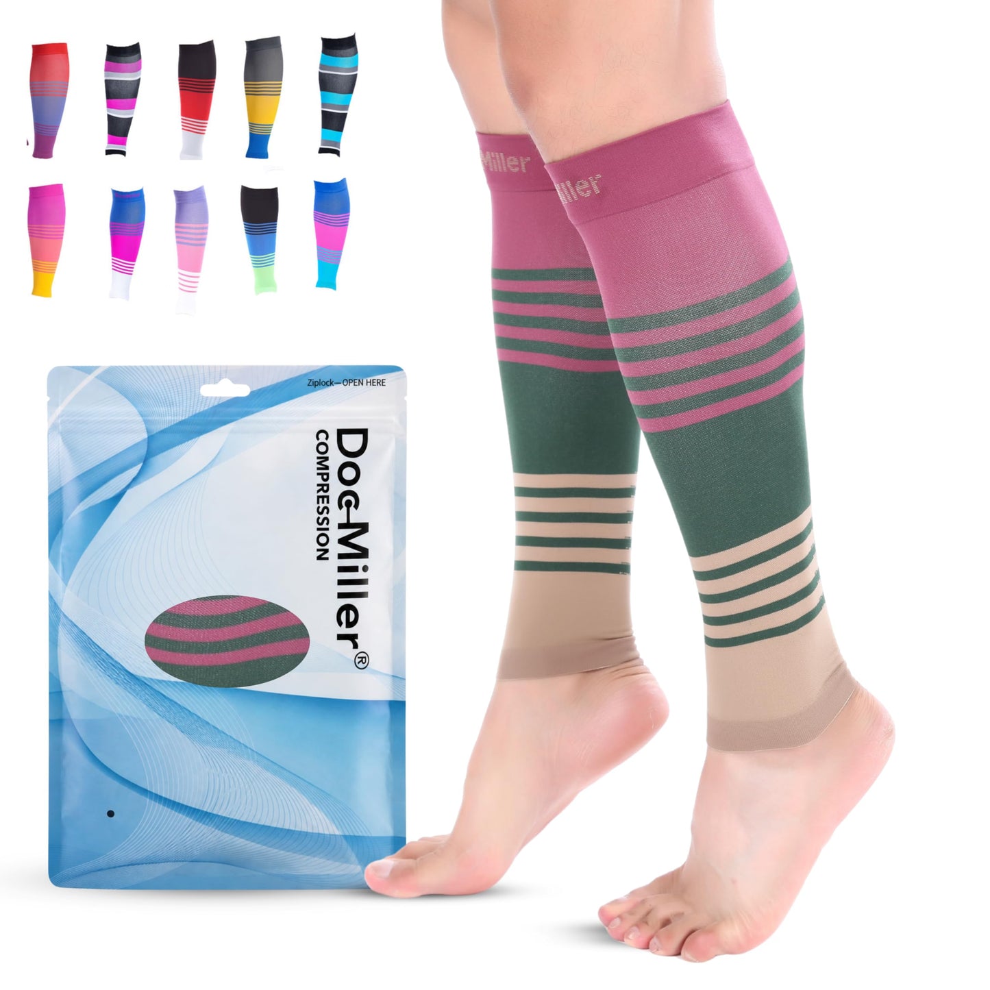 Doc Miller Calf Compression Sleeve for Men & Women – 20–30 mmHg Graduated Compression, Footless Compression Socks Alternative for Running, Shin Splints, Swelling, Varicose Veins –Calf Support, 1 Pair
