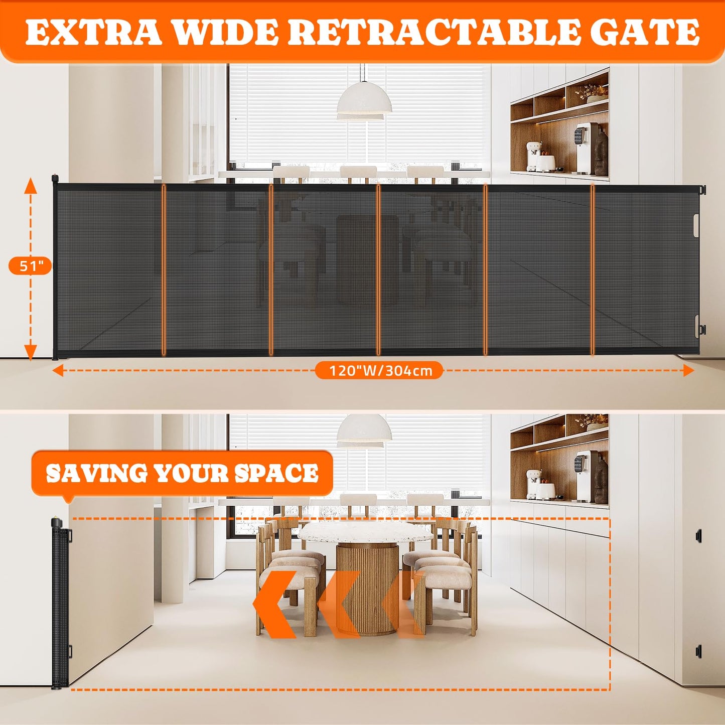 Extra Tall Retractable Baby Gates: 51" Tall Pet Gate, Extend up to 120" Wide, Mesh Baby Gate with Support Rods Jump-Proof Design for Cats & Large Dogs High Dog Indoor Outdoor, Black