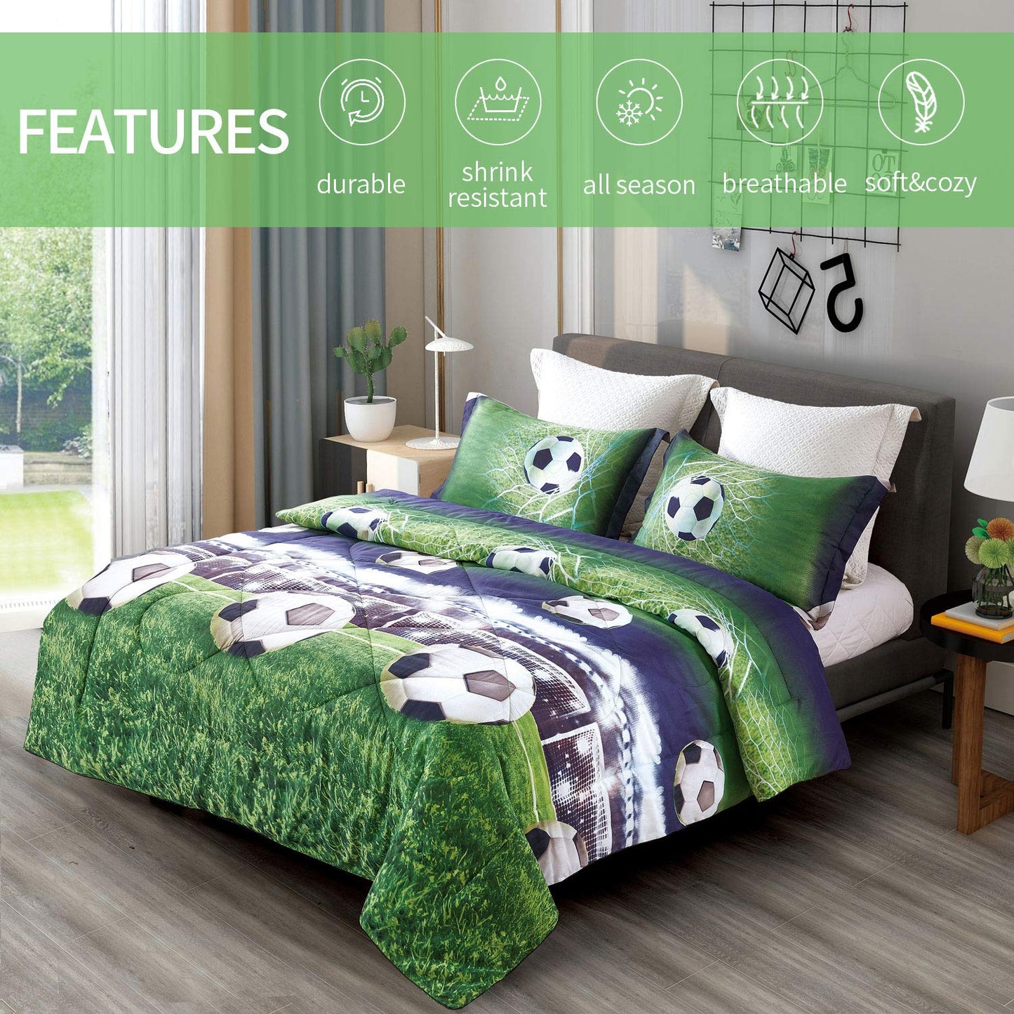 ENJOHOS Twin Comforter Set for Boys, 2 Pieces Twin Size Bedding Sets with Soccer Design, Lightweight Soft Microfiber Comforter with 1 Pillowcase for All Season