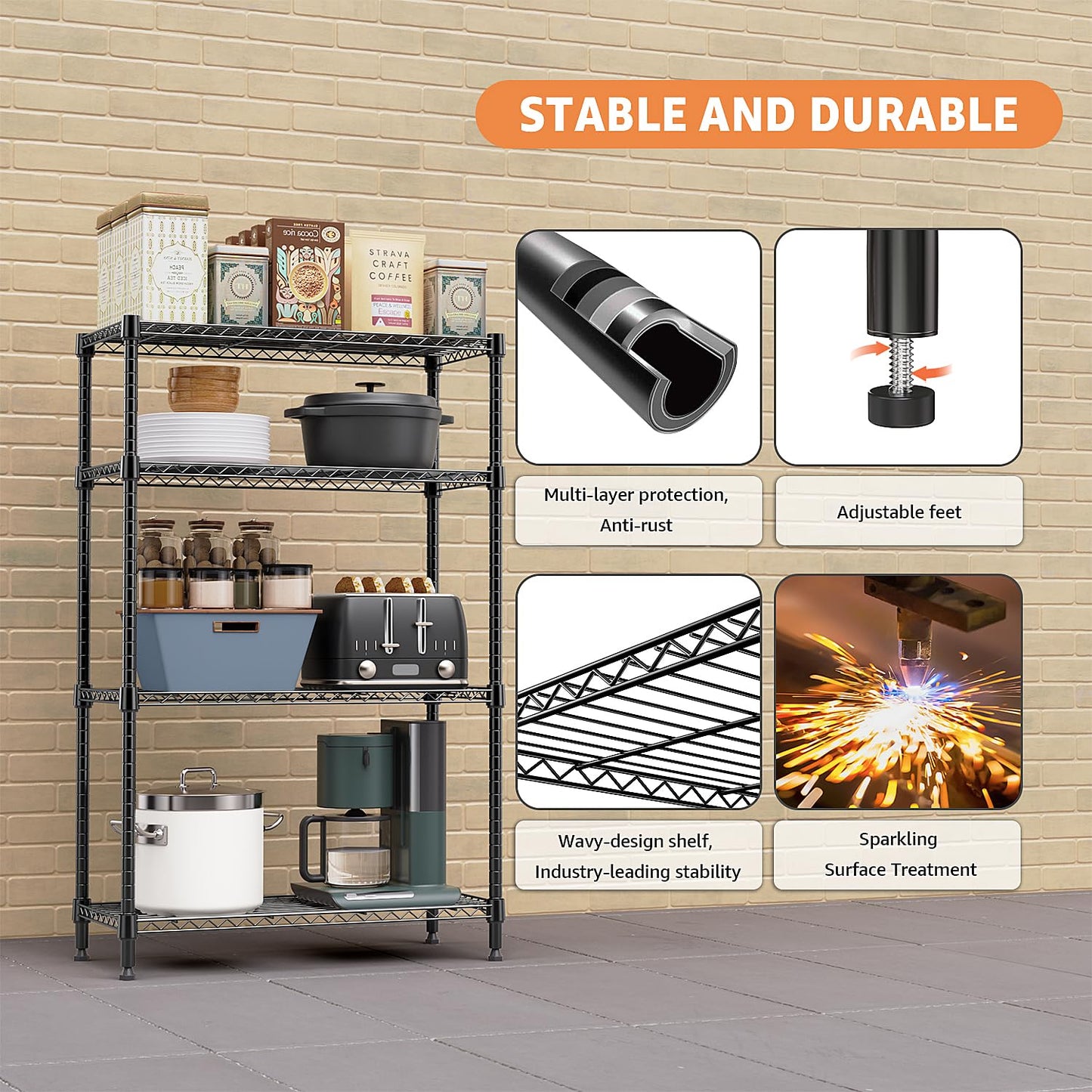 M MZG 1400 lbs 4 Tier Storage Rack Metal Wire Shelving Unit, Storage Standing Household Shelf Organizer for Kitchen Pantry Closet Garage Basement Utility Room, Black 15.8" D x 45.3" W x 59.4" H