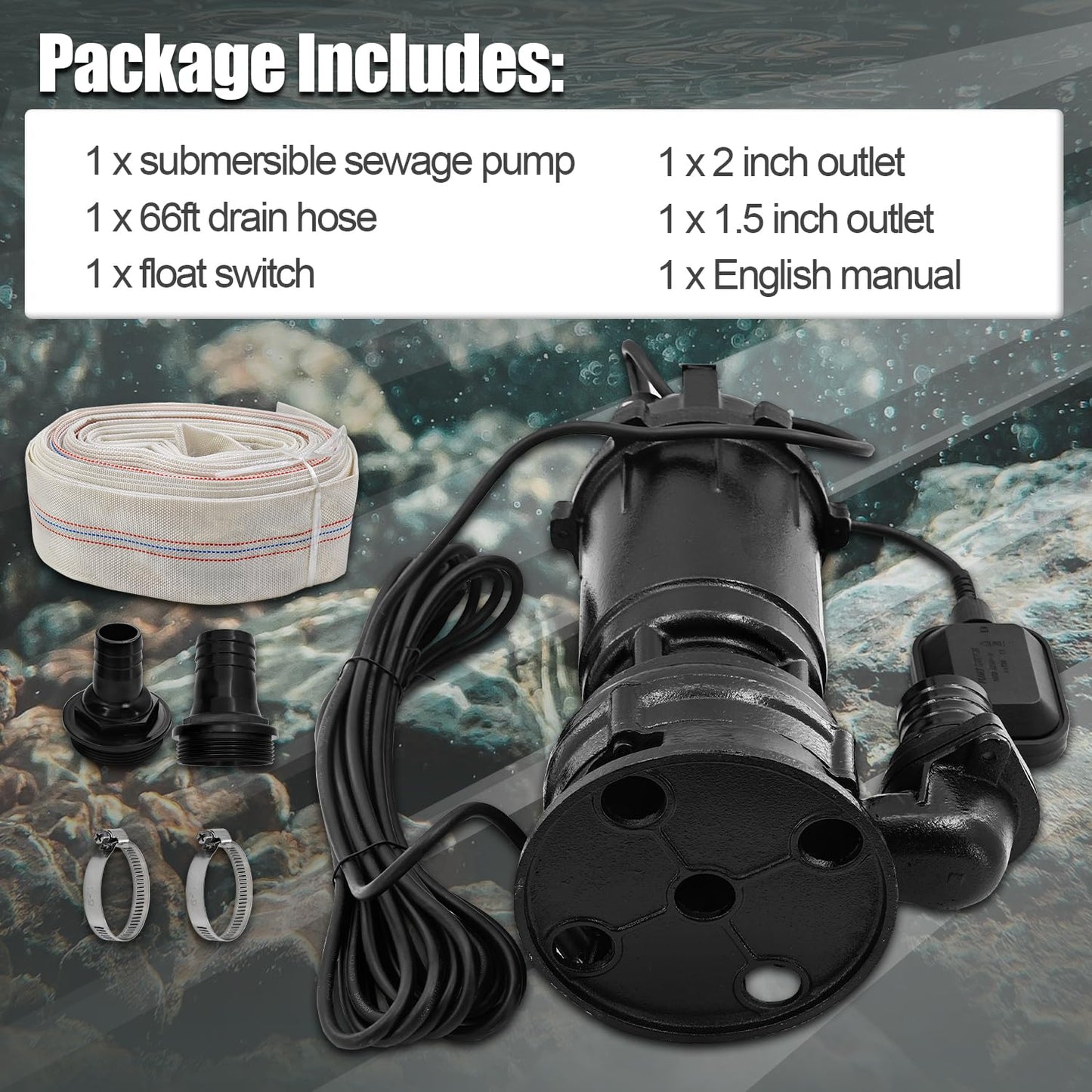 Dewinston 2HP 220V Submersible Sump Pump, 6498GPH Cast Iron Sewage/Effluent Pump 1500w with Automatic Float Switch and 66ft Hose for Sump Basin, Basement, Residential Sewage, 2'' NPT Discharge