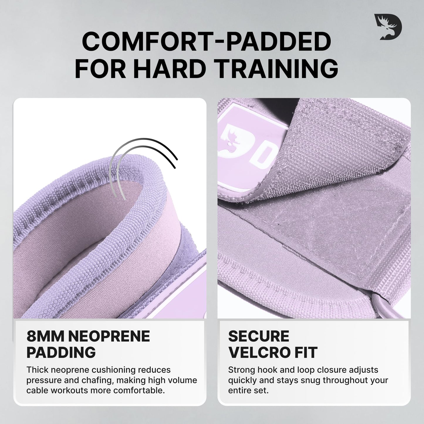 DMoose Fitness Ankle Straps for Cable Machines - One Size Fit Premium Padding, Glute Kickback Ankle Strap for Women & Men, Cable Attachments for Gym & Booty Workouts (Lilac Purple - Pair)