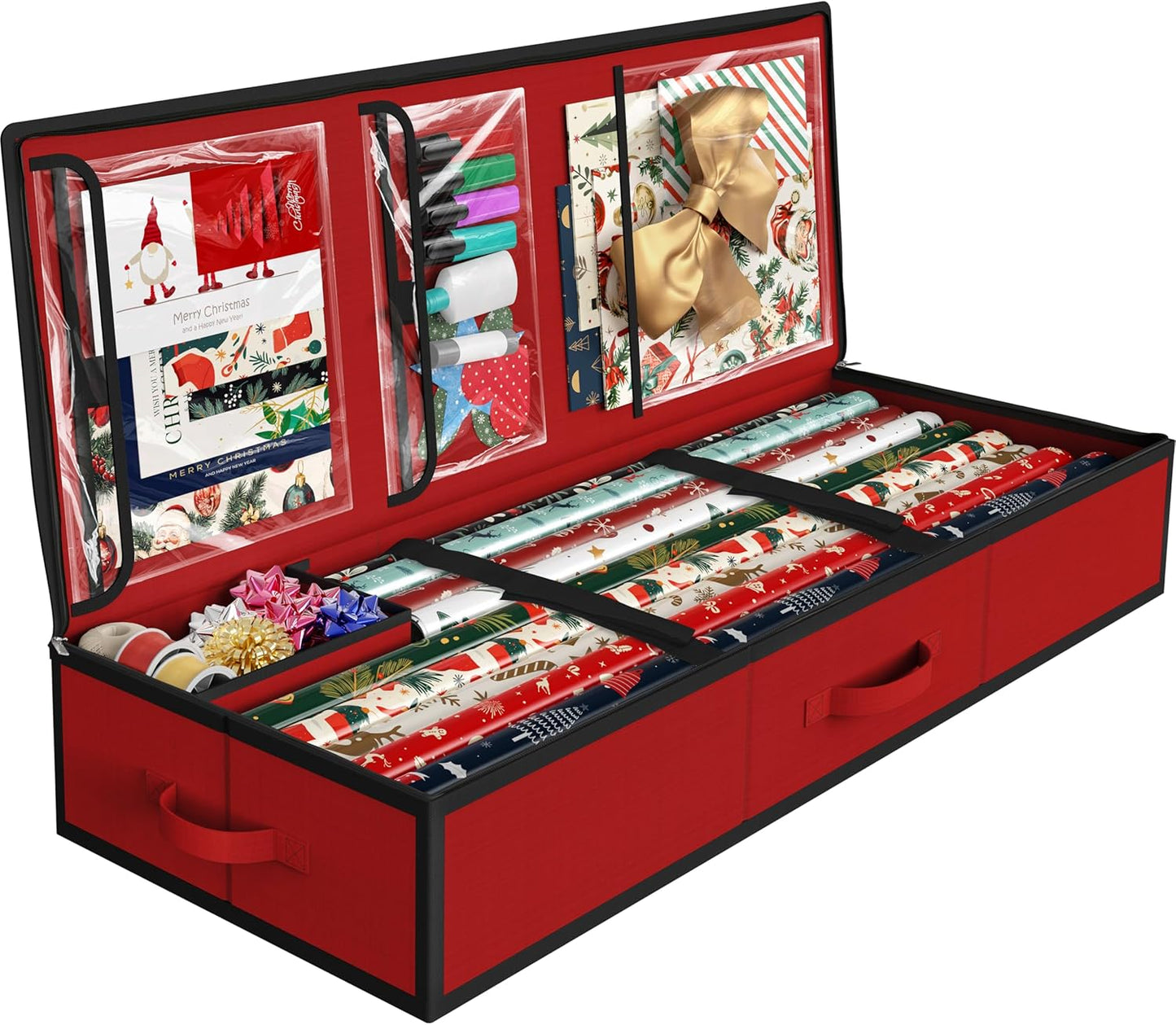 Simple Houseware Wrapping Paper Storage Organizer - Holds 40 Rolls with Adjustable Straps & Pockets, 41.5''L x 16''W, Red