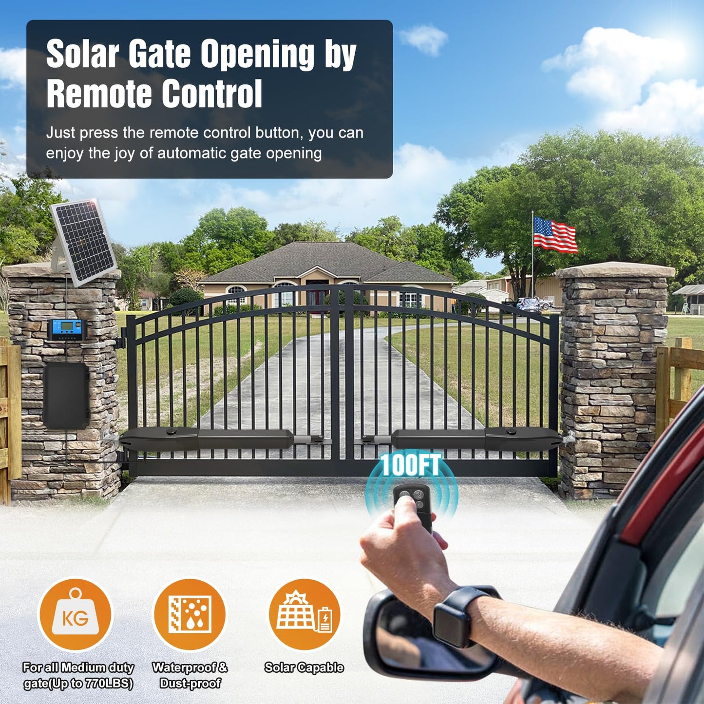 JUJIANG Solar Gate Opener with Batteries & Solar Panel + 2 Extra Remotes for Dual Swing Gates Up to 770lb per Arm Automatic Gate Openers with Remote Complete Kit Medium Duty PKM-C026