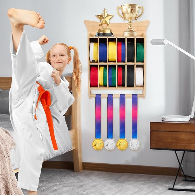 GENMOUS Karate 12 Belts Display Rack for Kids and Adults, Any Trophy and Medal Organizer, Wall Mounted Taekwondo or Martial Arts Belts Storage, Ideal Achievement Showcase for Home Dojo Decoration