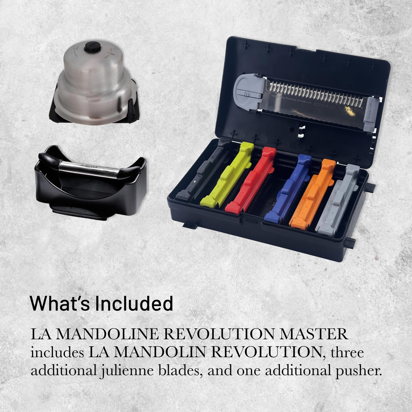 de Buyer LA MANDOLINE REVOLUTION MASTER - Removable, Double-Sided Stainless Steel Blade - Ideal for Cutting, Shredding, Dicing & Cubing - Includes 6 Julienne Blades & Extra Pusher - Made in France