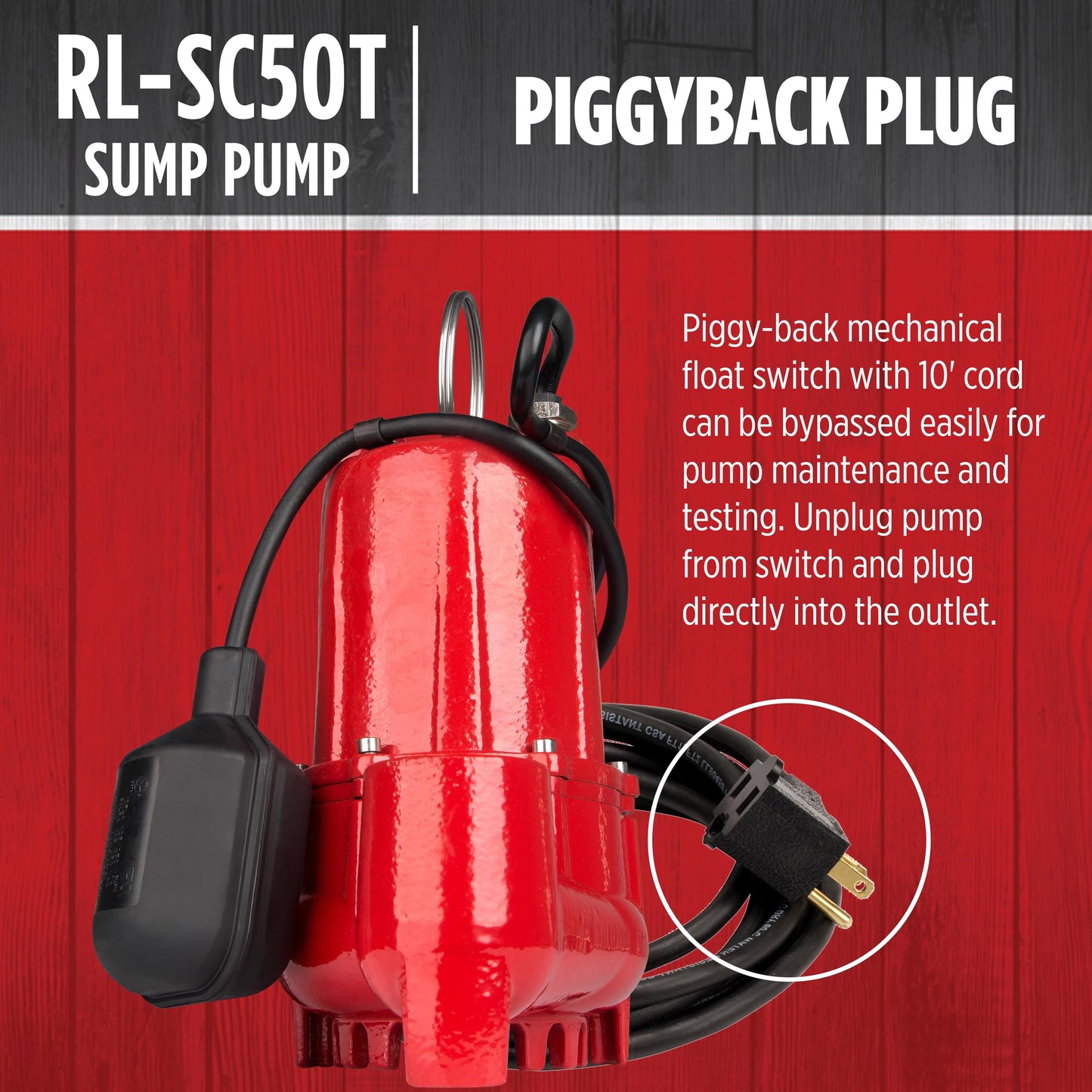 Red Lion RL-SC50T 115-Volt, 1/2 HP, 4300 GPH Cast Iron Sump Pump with Tethered Float Switch, 10-Ft. Cord, Red, 14942746
