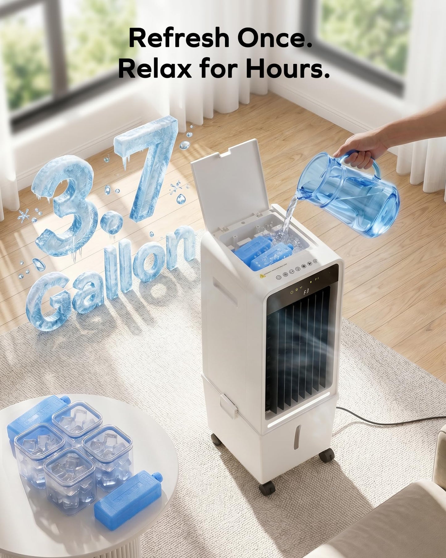 Air Choice Swamp Cooler, 30" Windowless Portable Air Conditioners with 3.7Gal Water Tank, 2 Ice Packs, Oscillation, 3 Speeds/Modes, 12H Timer, Night Light, Portable Swamp Cooler for Bedroom Office