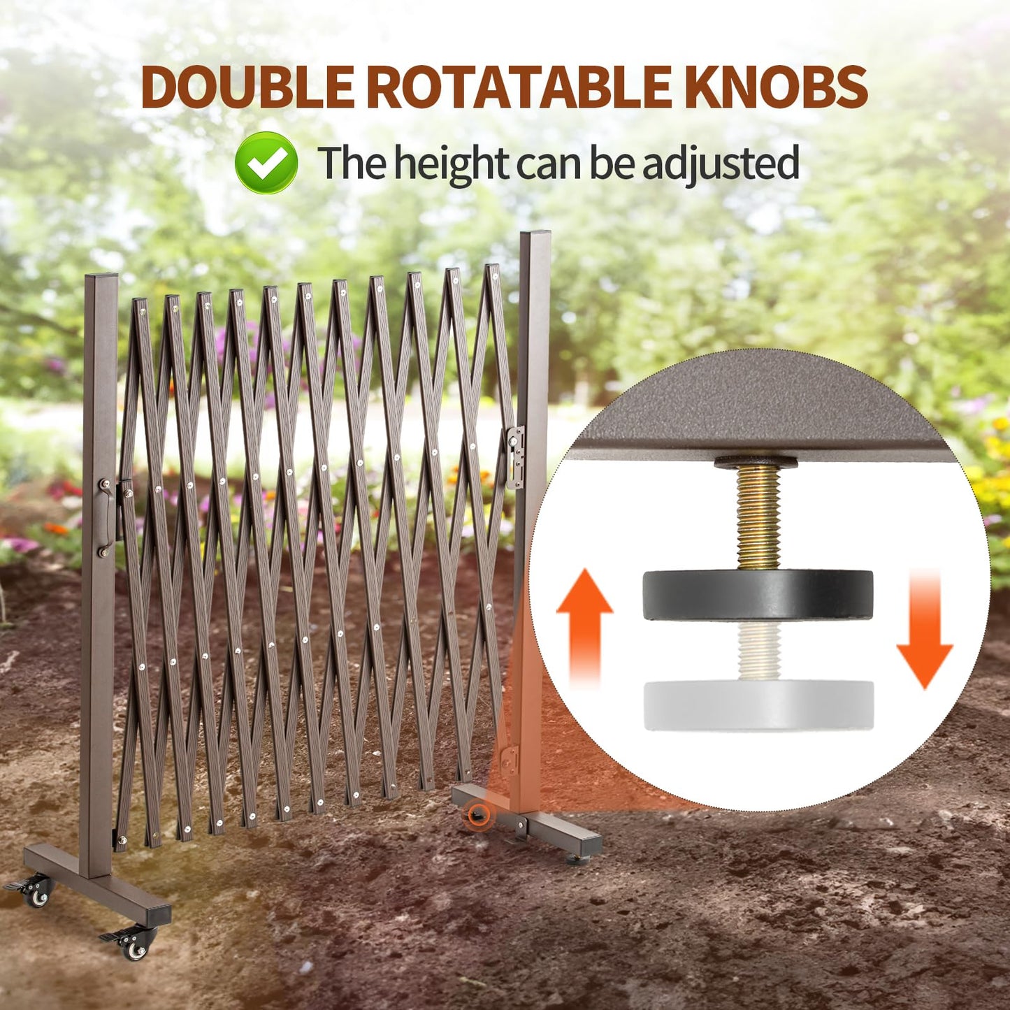 TECSPACE Aluminum Expandable Garden Fence, Portable Barricade Gate with Casters, Expansion Size 126×15.2×40.6 inches, Adjustable Flexible Fence Mobile Barricade Safety Barrier
