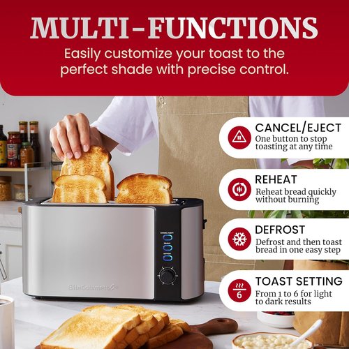 Elite Gourmet ECT-3100 4-Slice Long Slot Toaster - Extra Wide Slots for Bagels & Texas Toast - Stainless Steel Finish