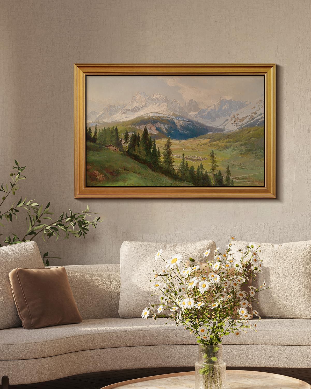 VIYYIEA Vintage Gold Framed Wall Art - Snow Mountains Canvas Print for Living Room | Large 36" x 24" Oil Painting