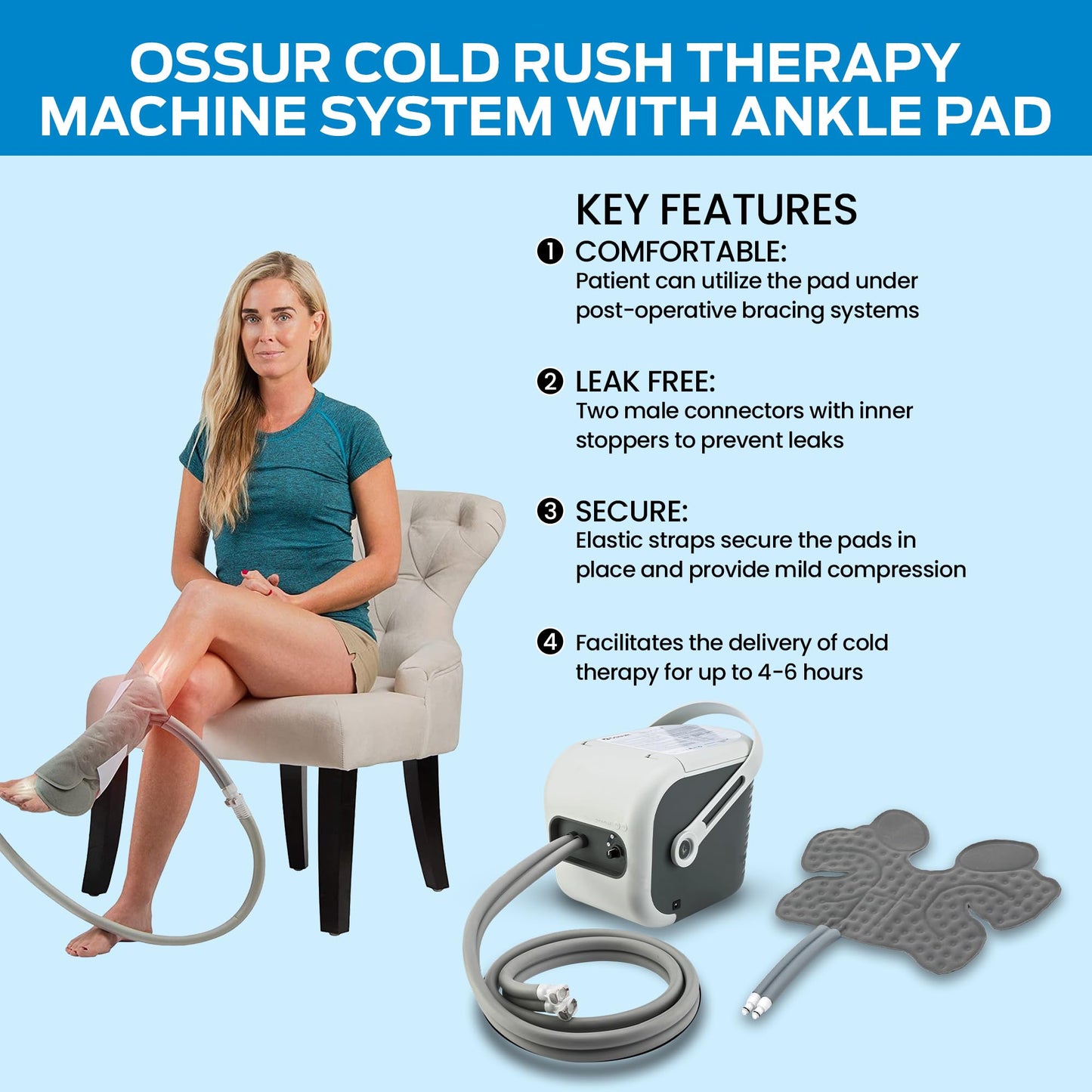 Cold Rush Therapy Ice Machine - Cryotherapy System for Pain Relief & Cold Compression - Post-Surgery & Injury Recovery - with Interchangeable Replacement Cryo Cuff Pads (with Ankle Pad)