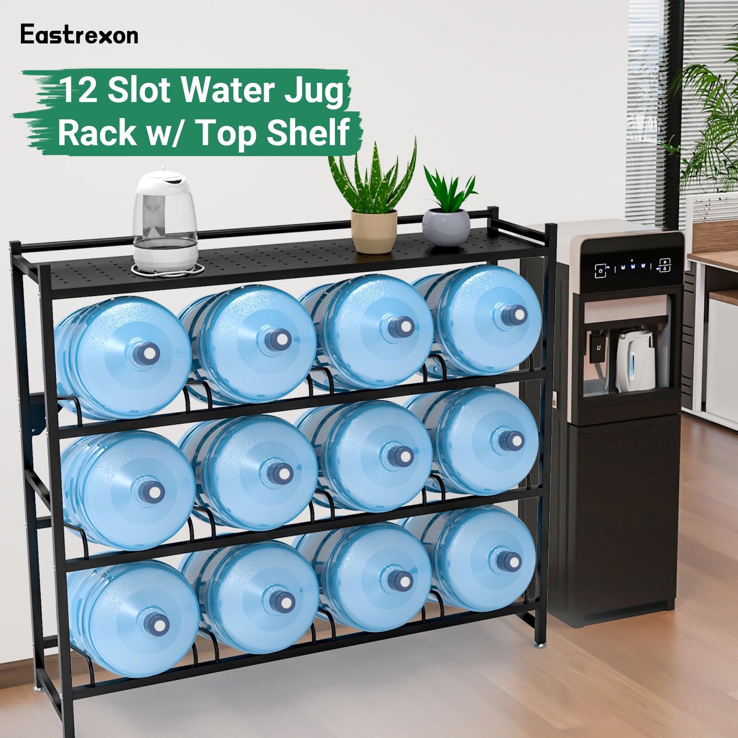 Eastrexon 5 Gallon Water Jug Holder Heavy Duty，4-Tier Water Jug Rack w/Top Shelf, Wall Mount Water Bottle Holder for 12 Bottles, Powder Coated Water Rack Stand for Home, Office, Restaurant, Gym.