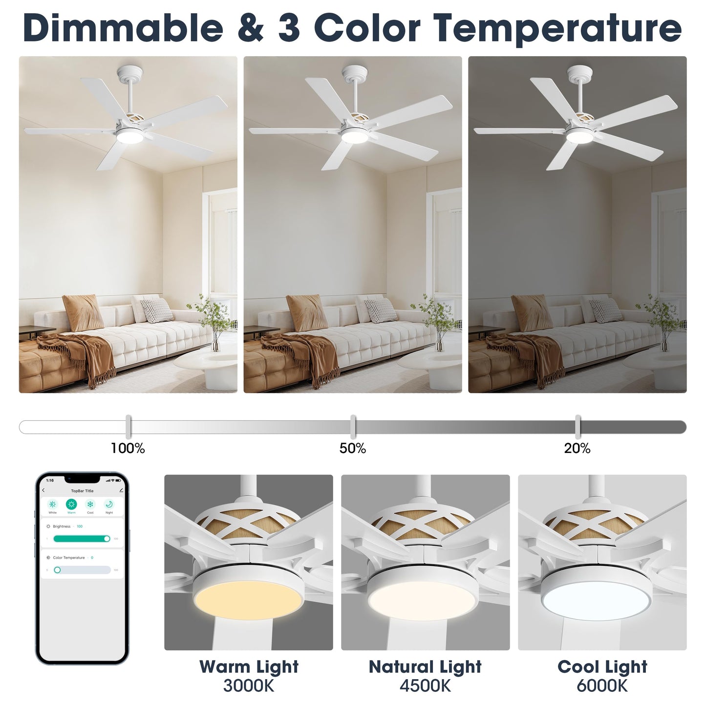 WINGBO 52" Smart Ceiling Fan with Lights, White/Oak Blades, 6 Speeds Reversible DC Motor, Works with Alexa and Google Assistant, 3CCT Dimmable LED Ceiling Fan for Bedroom Living Room, White Finish