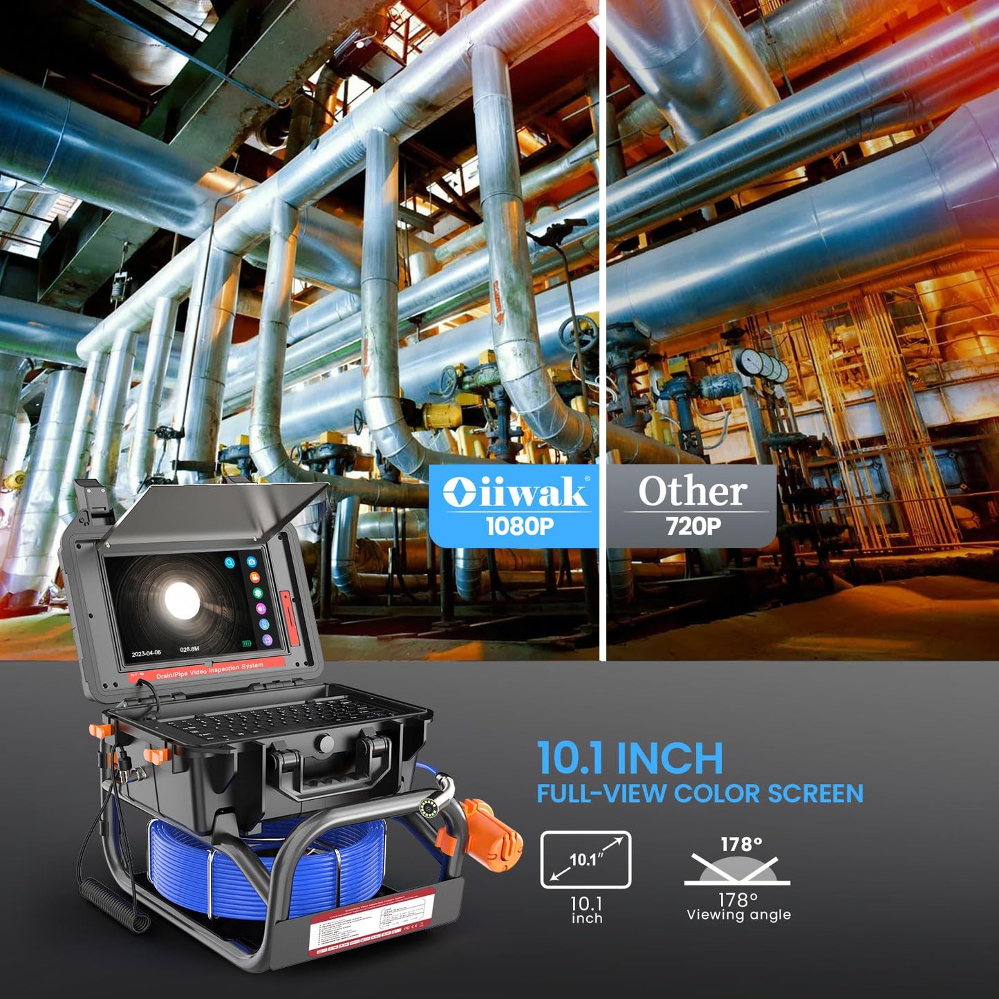 Sewer Camera, 10.1" 1080P Touchscreen Sewer Pipe Inspection Camera with 512Hz Transmitter, Self-Leveling, Distance Counter for Drain Plumbing Pipe, IP68 Waterproof DVR Recorder/Audio-16 GB, 165FT
