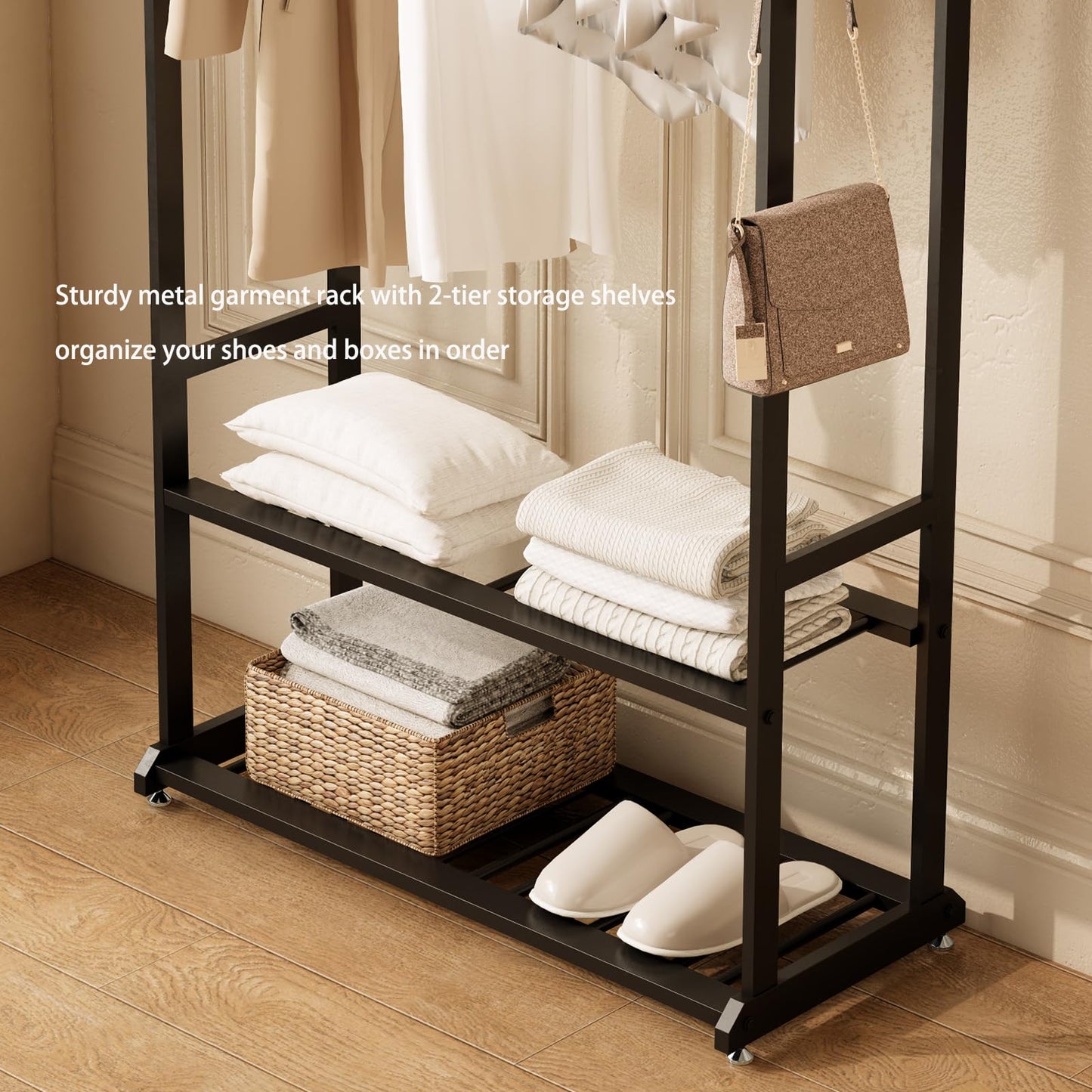 ZHBHYZ Sturdy metal clothes rack,Black freestanding clothing rack with bottom shelves and 6 side hooks,garment rack for hanging clothes,Modern wardrobe rack for Bedroom or cloakrooms