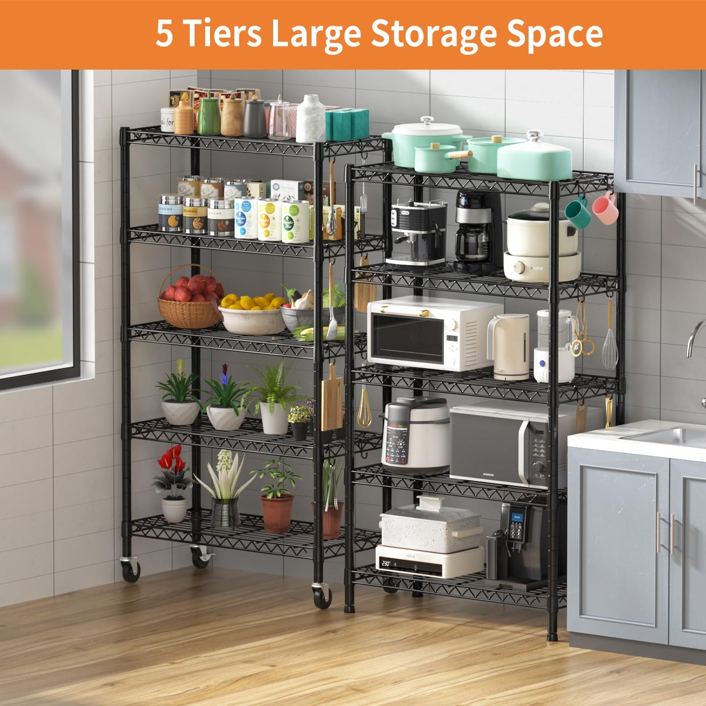 Hodonas Wire Shelving, 1900lbs Capacity 5 Tier Heavy Duty NSF Wire Shelf with Rolling Wheels Black Metal Storage Shelves Adjustable Wire Rack Unit 36"W x 14"D x 72"H for Kitchen Bathroom Garage Closet