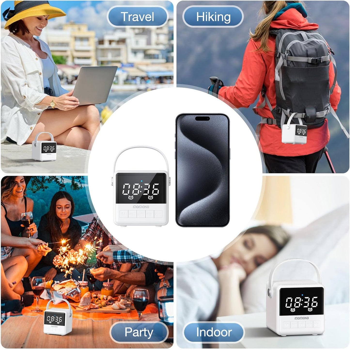 MOMOHO 50ft 5.2, Portable Bluetooth Speaker with Time Display, Portable Wireless Speaker, TWS Stereo Sound, Bluetooth