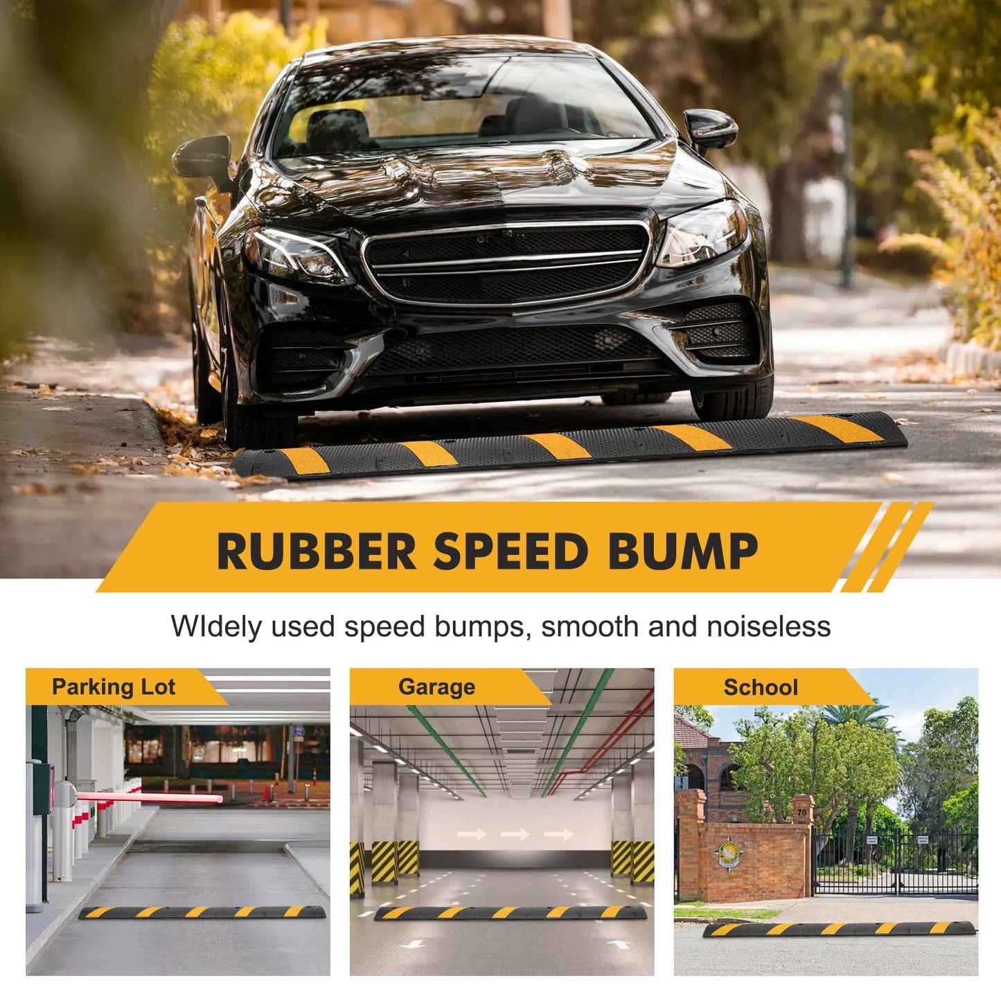2-Pack 6FT Heavy Duty Speed Bumps – 25,000Lb Capacity Recycled Rubber Traffic Calming Humps for Parking Lots, Driveways & Garages – Weatherproof with Cable Protection Channels