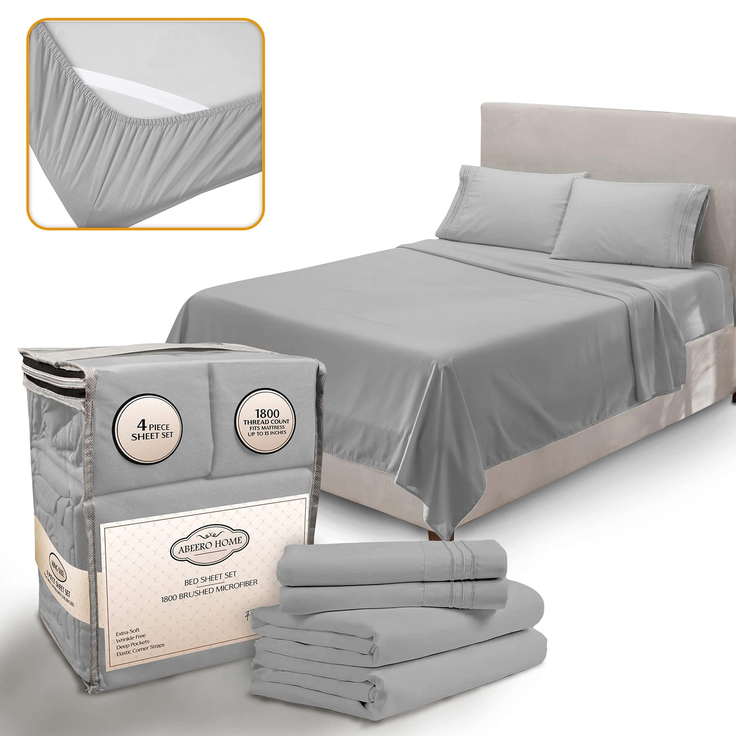 Abeero Home Twin Sheets Set - Luxury Hotel Bed Sheets - Soft Cooling Sheet with Elastic Corner Straps - Deep Pocket Microfiber Bedsheet - Bedding Sheet & Pillowcases -3 PC (Twin Size, Light Gray)