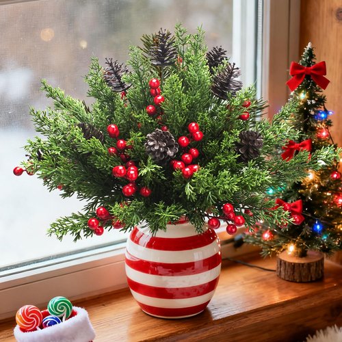 Grunyia Christmas Decorations - 68 Pcs Artificial Pine Greenery Picks with Pinecones & Berries | Holiday Table Centerpiece Decor