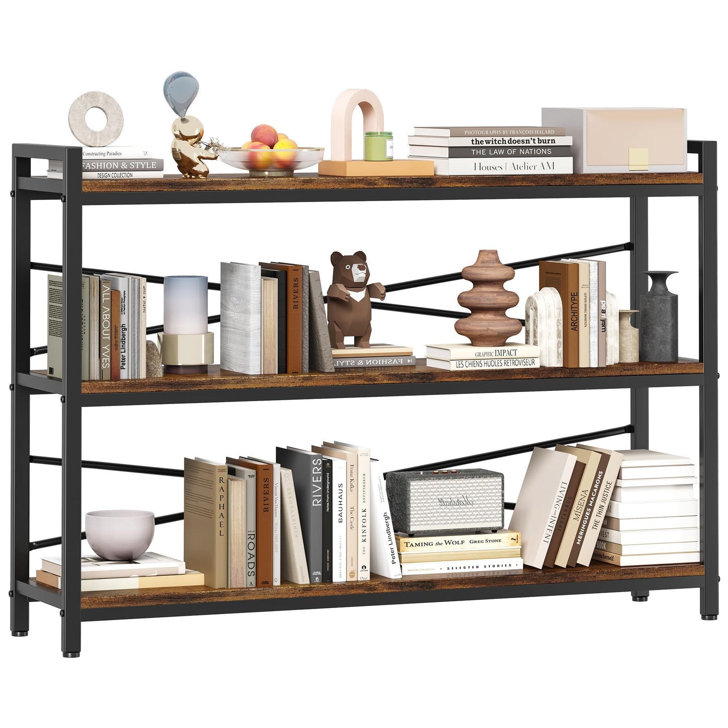 3 Tier Bookcase 47.24" Width, Long Industrial Book Shelf, Vintage Wooden Large Book Shelf for Home Living Room Bedroom Office Storage(Vintage)